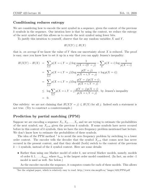 Conditioning reduces entropy Prediction by partial matching ... - CIM