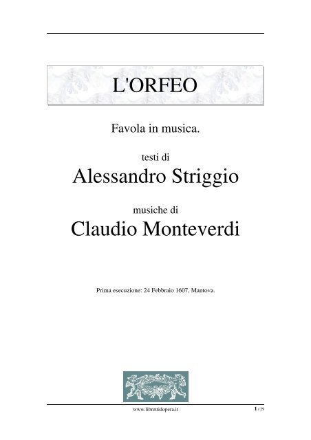 L'ORFEO Alessandro Striggio Claudio Monteverdi