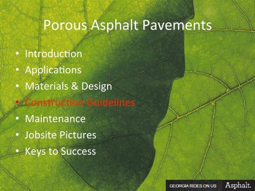 Porous Asphalt Pavements for Storm Water Management