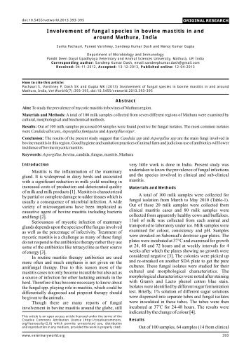 Involvement of fungal species in bovine mastitis ... - Veterinary World