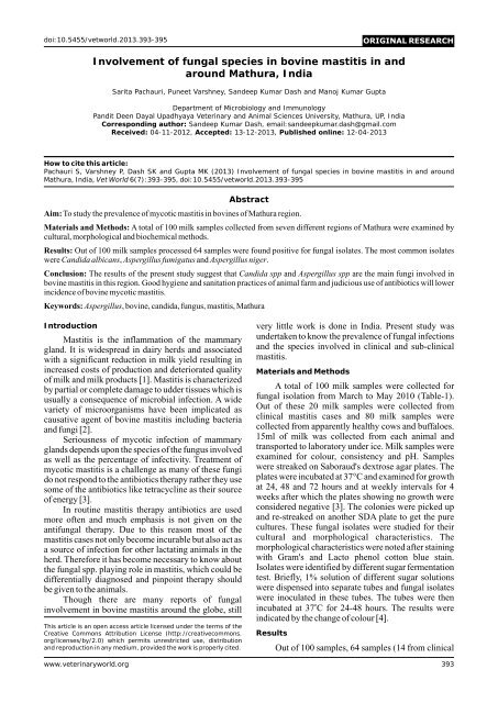 Involvement of fungal species in bovine mastitis ... - Veterinary World