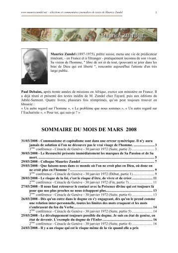 SOMMAIRE DU MOIS DE MARS 2008 - Maurice Zundel
