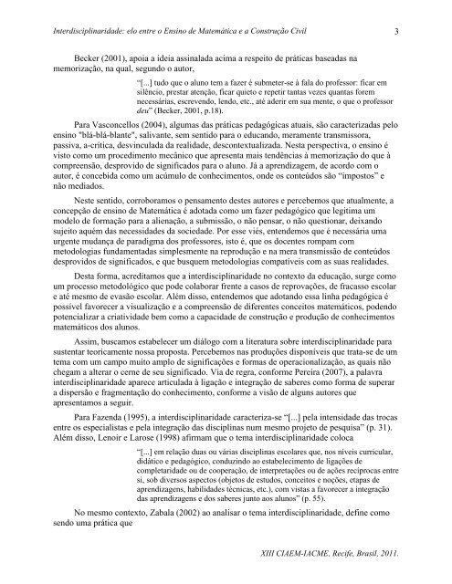 Interdisciplinaridade: elo entre o Ensino de Matemática e a ... - CIMM