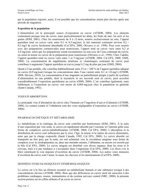 Fiches synthèses sur l'eau potable et la santé humaine