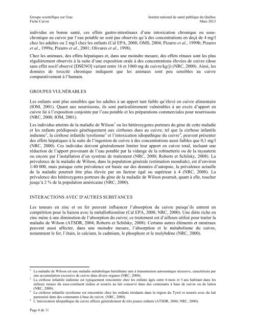 Fiches synthèses sur l'eau potable et la santé humaine