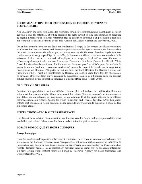 Fiches synthèses sur l'eau potable et la santé humaine