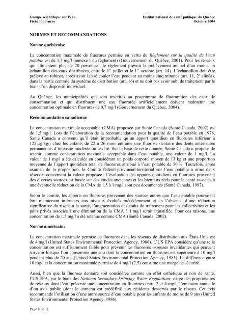 Fiches synthèses sur l'eau potable et la santé humaine