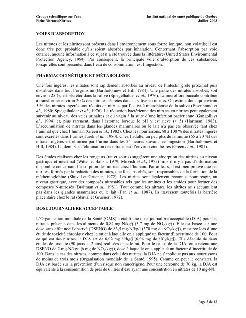 Fiches synthèses sur l'eau potable et la santé humaine