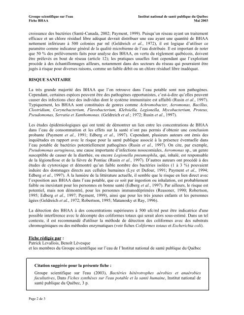 Fiches synthèses sur l'eau potable et la santé humaine