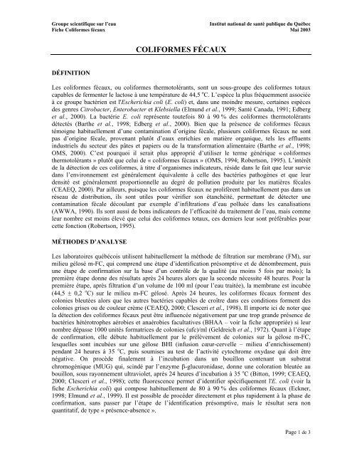 Fiches synthèses sur l'eau potable et la santé humaine