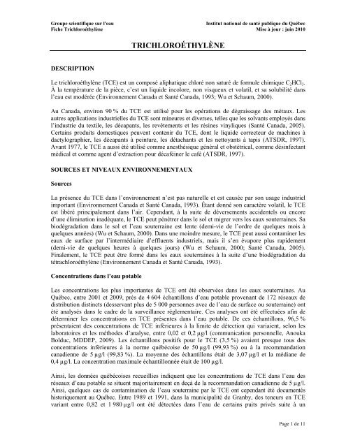 Fiches synthèses sur l'eau potable et la santé humaine