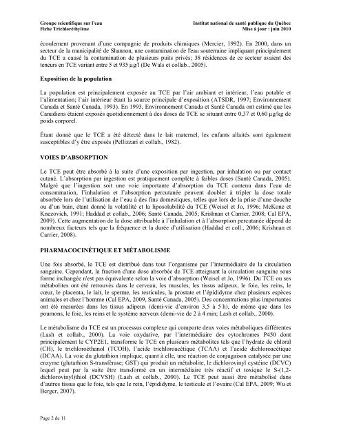 Fiches synthèses sur l'eau potable et la santé humaine