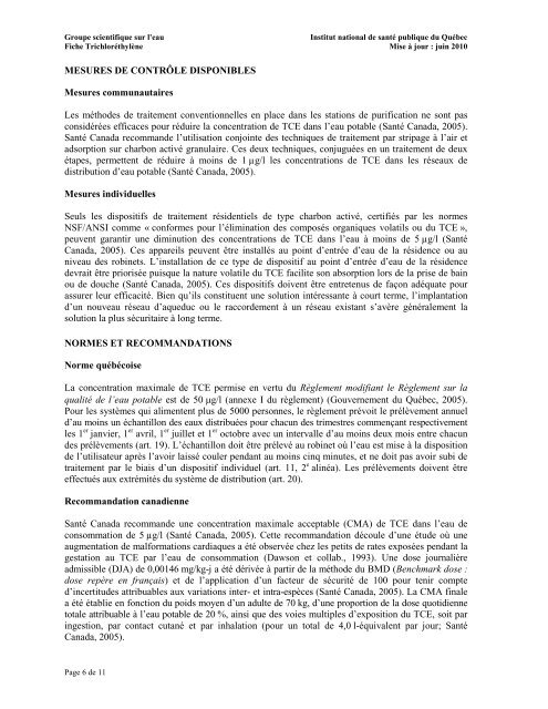 Fiches synthèses sur l'eau potable et la santé humaine