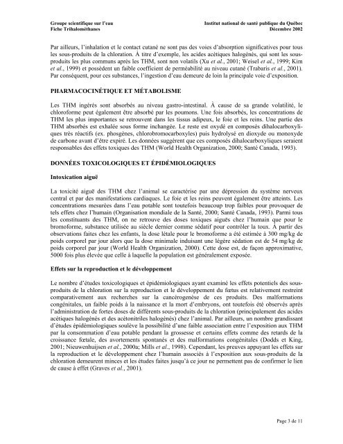 Fiches synthèses sur l'eau potable et la santé humaine