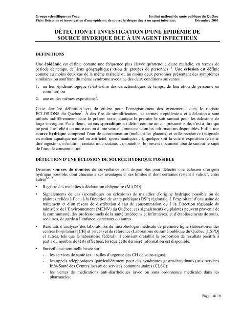 Fiches synthèses sur l'eau potable et la santé humaine