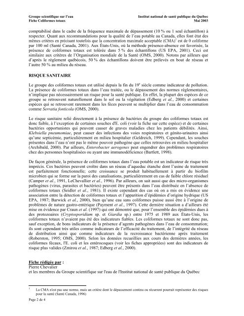 Fiches synthèses sur l'eau potable et la santé humaine