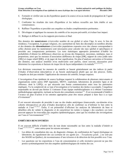 Fiches synthèses sur l'eau potable et la santé humaine