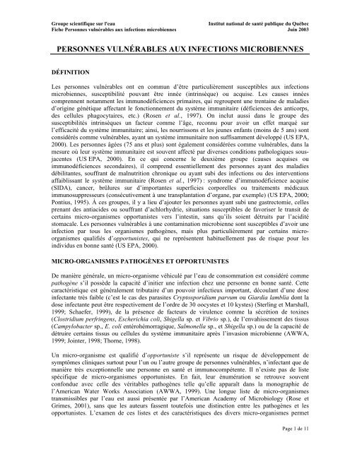 Fiches synthèses sur l'eau potable et la santé humaine