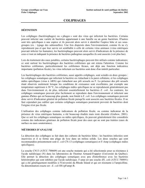 Fiches synthèses sur l'eau potable et la santé humaine