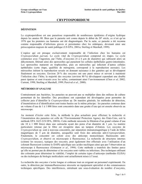 Fiches synthèses sur l'eau potable et la santé humaine