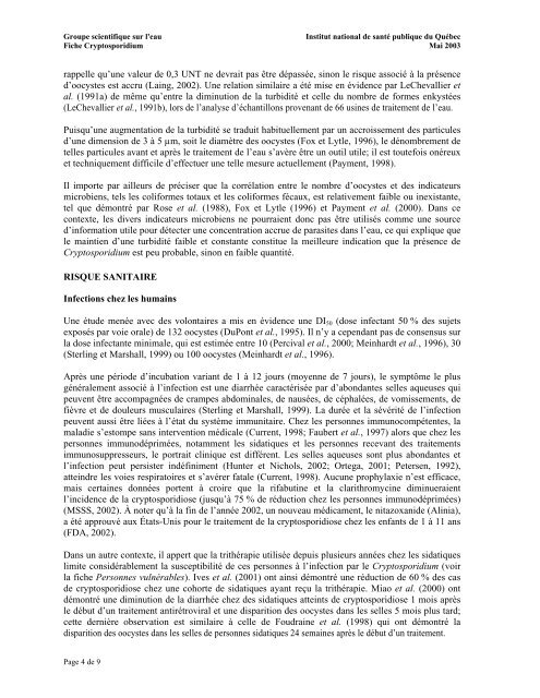 Fiches synthèses sur l'eau potable et la santé humaine