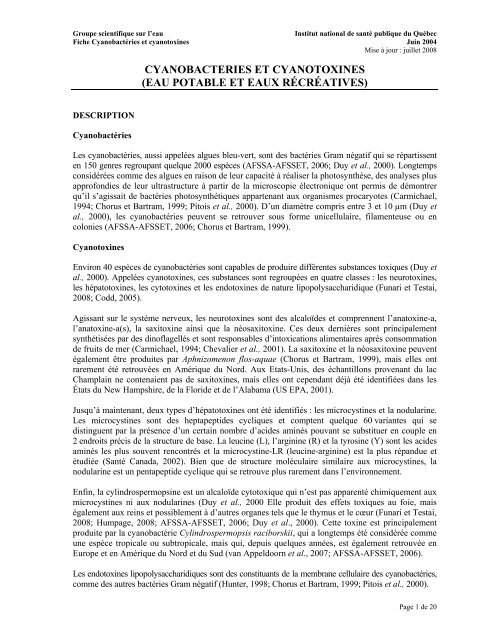 Fiches synthèses sur l'eau potable et la santé humaine