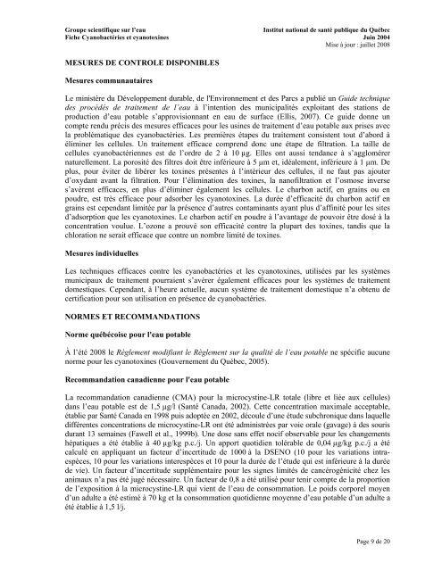 Fiches synthèses sur l'eau potable et la santé humaine