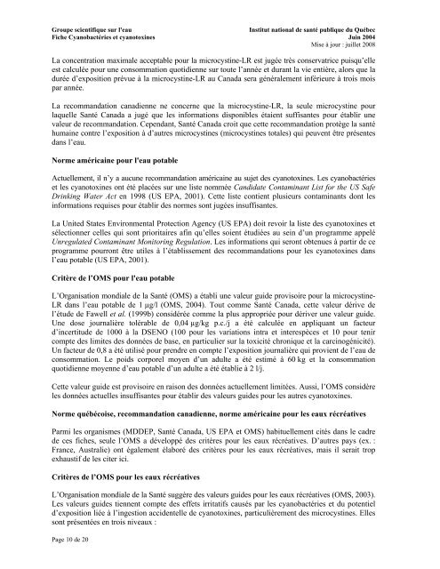 Fiches synthèses sur l'eau potable et la santé humaine