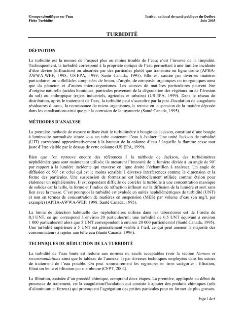 Fiches synthèses sur l'eau potable et la santé humaine