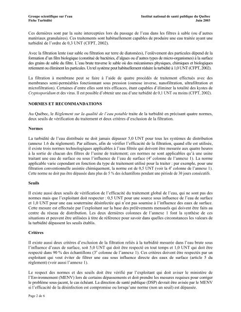 Fiches synthèses sur l'eau potable et la santé humaine