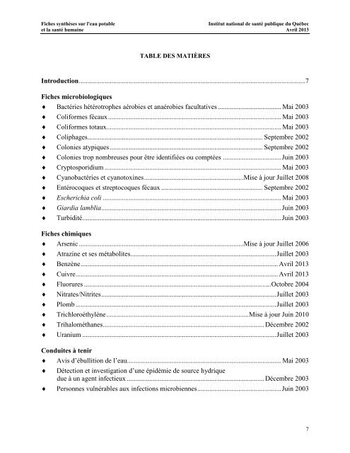 Fiches synthèses sur l'eau potable et la santé humaine