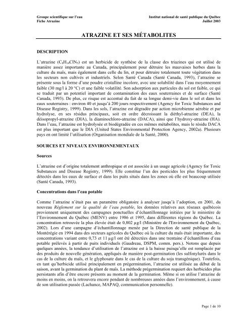 Fiches synthèses sur l'eau potable et la santé humaine