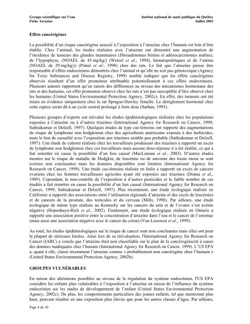 Fiches synthèses sur l'eau potable et la santé humaine