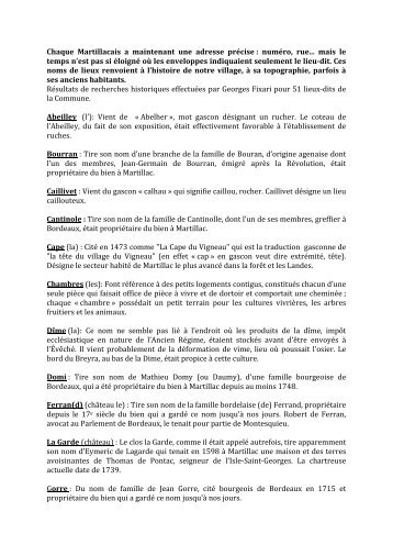 Lieux-dits - Histoire & Patrimoine de MARTILLAC
