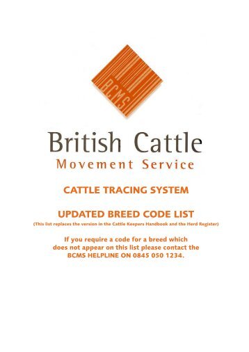 CATTLE TRACING SYSTEM UPDATED BREED CODE LIST - Defra