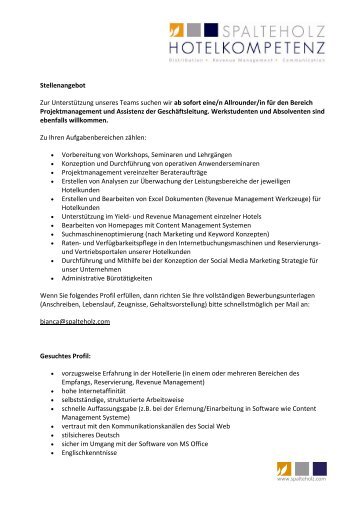 Stellenangebot Zur Unterstützung unseres Teams suchen wir ab sofort