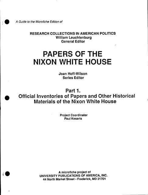 PAPERS OF THE NIXON WHITE HOUSE - ProQuest