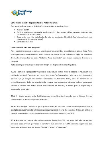 Como fazer o cadastro de pessoa física na Plataforma Brasil ... - USP