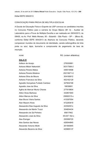 Convocação para prova de múltipla escolha - USP