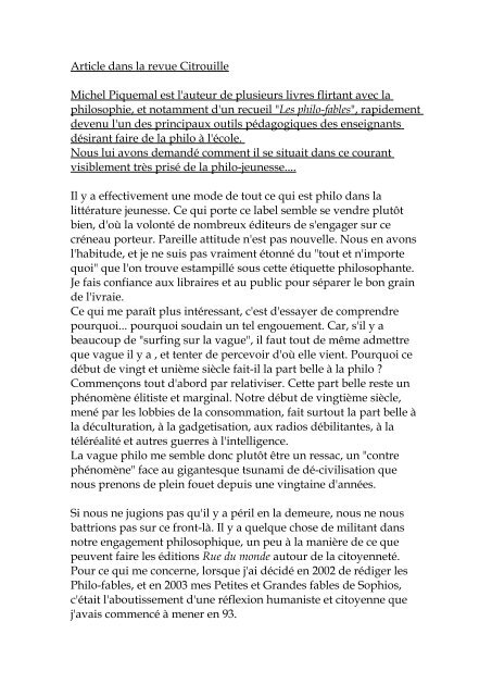 Article dans la revue Citrouille Michel Piquemal est l'auteur de ...