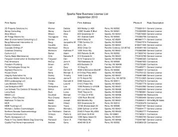 Sparks New Business License List September 2010 - City of Sparks