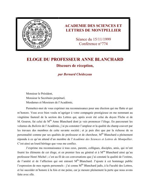 eloge du professeur anne blanchard - Académie des Sciences et ...