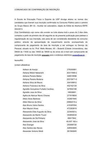 comunicado de confirmacaodeinscricao EEFE 004,2013 - USP