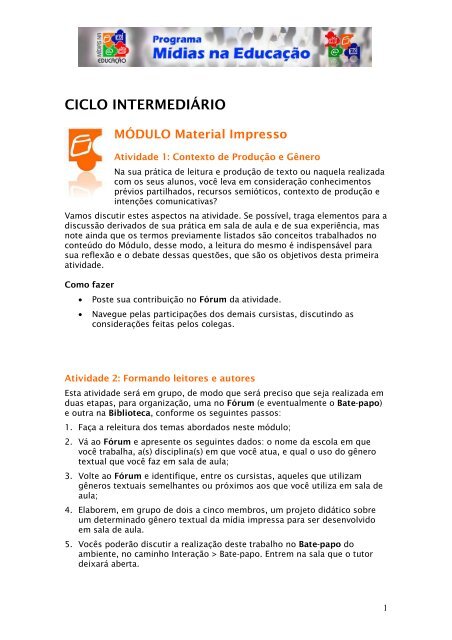 CICLO INTERMEDIÁRIO MÓDULO Material Impresso - USP
