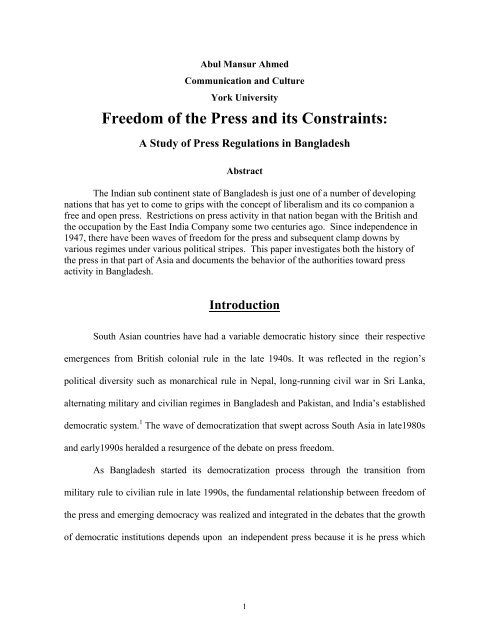 Freedom of the Press and its Constraints - The Canadian Journal of ...