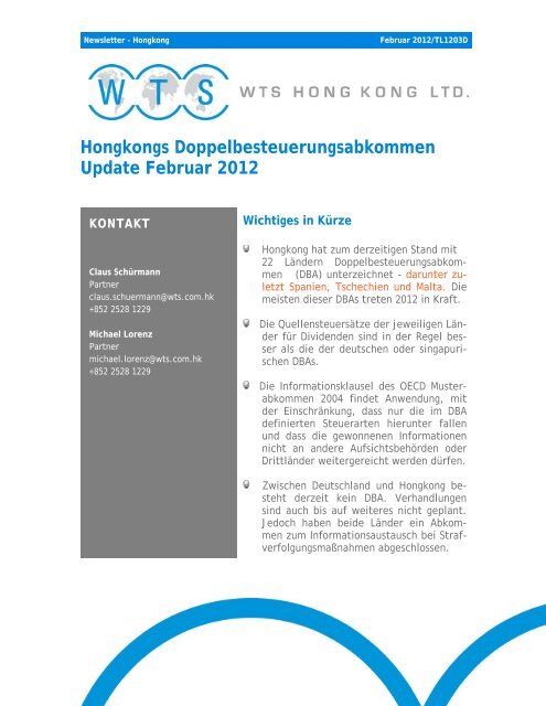 Hongkongs Doppelbesteuerungsabkommen Update Februar 2012