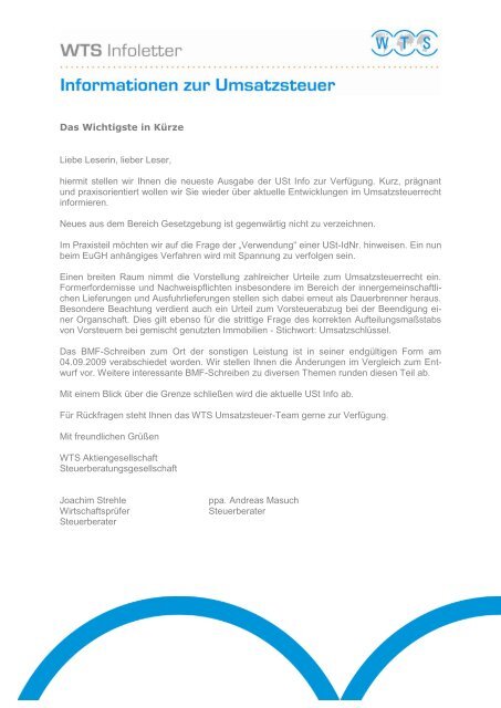 Infoletter Umsatzsteuer 05 / 21.09.2009 - WTS Aktiengesellschaft ...