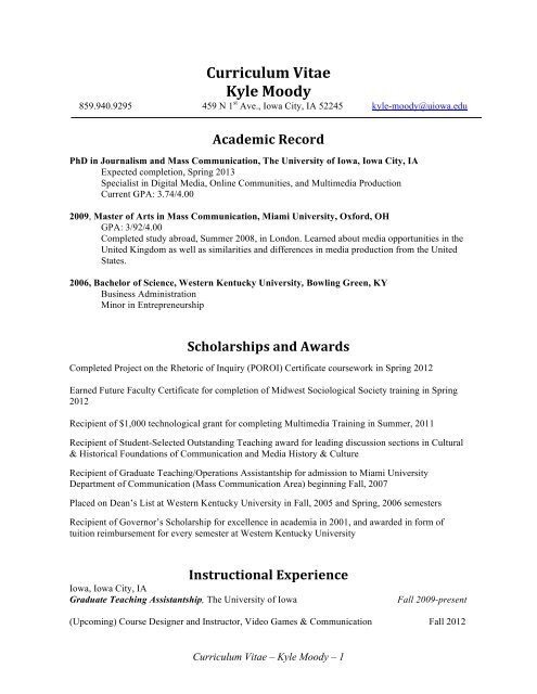 Curriculum Vitae Kyle Moody - The University of Iowa