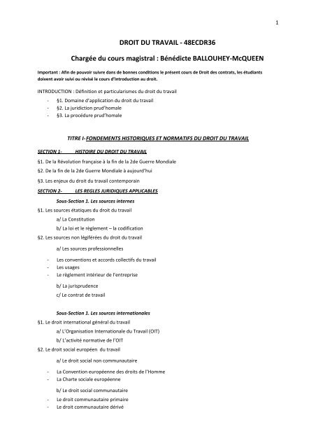Droit Du Travail 48ecdr36 Chargee Du Cours Magistral