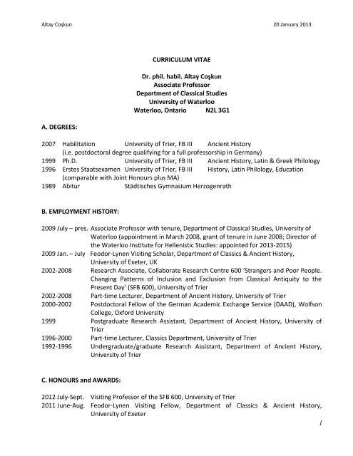 CURRICULUM VITAE - Department of Classical Studies - University ...